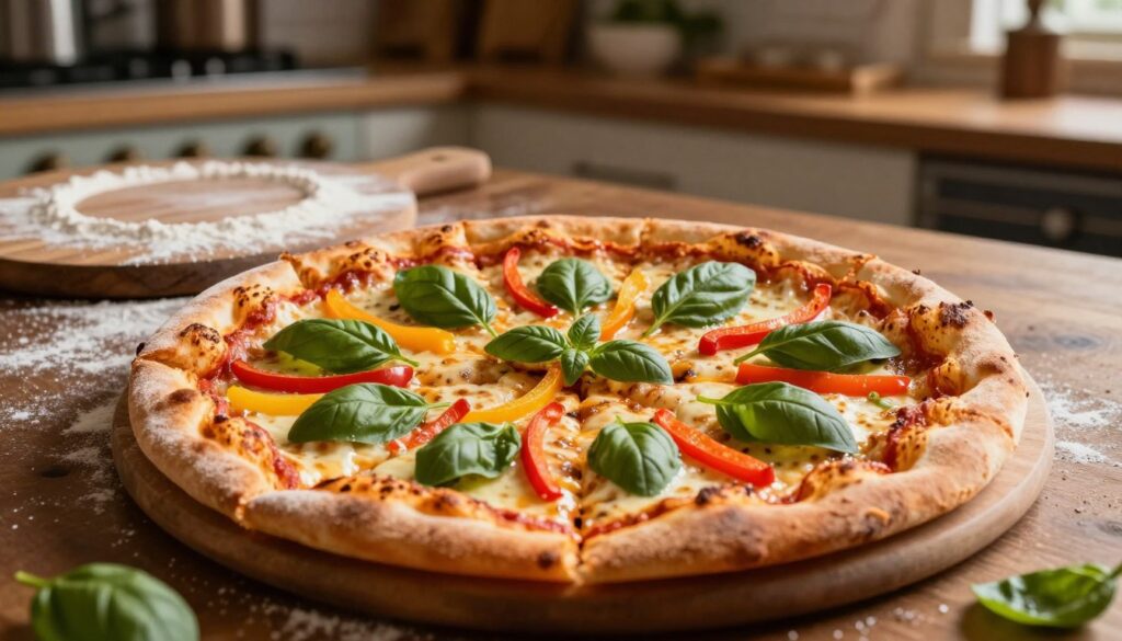 An appetizing 32 cm pizza with a golden, crispy crust is the focal point in the foreground. The pizza is cut into wedges, showcasing vibrant toppings such as fresh basil, colorful bell peppers, and gooey melted cheese, creating a mouthwatering effect. In the middle background, there's a wooden pizza board dusted with flour, enhancing the rustic feel. A soft, warm light illuminates the scene, casting delicate shadows and highlighting the textures of the ingredients. The background features a blurred kitchen setting with rustic decor, evoking a cozy, home-cooked atmosphere. The mood is inviting and wholesome, perfect for demonstrating variations in pizza ingredients that affect calorie counts. The composition is shot from a slightly elevated angle to capture the entire pizza and its details.