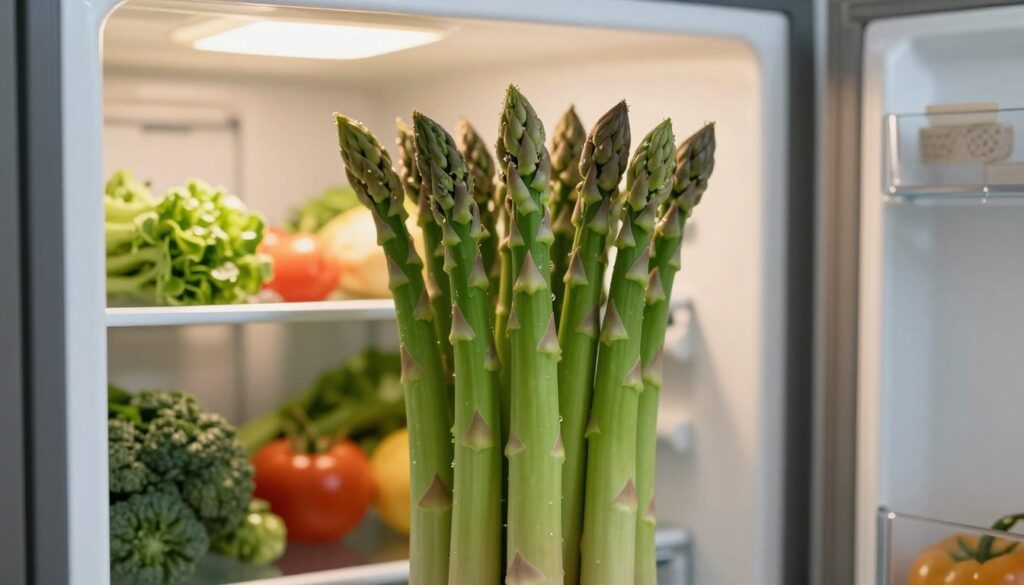 Fresh green asparagus spears arranged upright in a rustic refrigerator, showcasing their vibrant color and texture. The foreground features a close-up of the asparagus, dew-like water droplets glistening on their surface for a fresh look. In the middle, the open refrigerator door reveals a variety of fresh vegetables alongside the asparagus, bathed in soft, natural lighting that highlights their freshness. The background shows a cozy kitchen environment, with subtle wooden shelves and soft emit light, creating an inviting and warm atmosphere. The angle is slightly from above, offering a perspective that emphasizes the vertical arrangement of the asparagus. The mood conveys a sense of freshness and healthiness, perfect for illustrating proper storage techniques to keep asparagus crisp and flavorful.