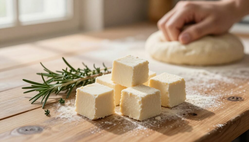 Fresh yeast cubes scattered on a rustic wooden kitchen table, with a few sprigs of fragrant herbs such as rosemary or thyme beside them for a touch of color. In the background, a blurred image of a pizza dough being kneaded, depicting an inviting atmosphere of home cooking. Soft golden lighting filters in from a nearby window, casting gentle shadows across the scene. The composition captures a warm, passionate vibe associated with artisanal baking, emphasizing the importance of yeast in creating the perfect pizza dough. The focus is on the texture and freshness of the yeast, which appears slightly moist, embodying its active properties. No human subjects are present to maintain clarity of the subject matter.