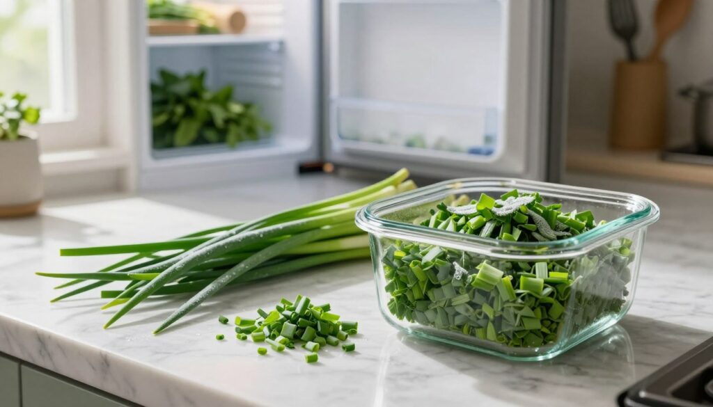 Freshly frozen chives (szczypiorek) spread out on a marble countertop, glistening with a light frost. In the foreground, a clear glass container filled with vibrant green, finely chopped chives, showcasing the details of their texture. The middle ground features a home kitchen setting with a freezer open slightly to reveal ice-covered shelves, hinting at a method for long-term storage. Soft, natural lighting streams in from a nearby window, casting gentle shadows and creating a warm, inviting atmosphere. The background subtly includes a glimpse of fresh herbs and cooking utensils to emphasize the theme of food preservation. The overall mood is fresh and homely, reflecting a practical and efficient approach to storing herbs. Freshly frozen chives (szczypiorek) spread out on a marble countertop, glistening with a light frost. In the foreground, a clear glass container filled with vibrant green, finely chopped chives, showcasing the details of their texture. The middle ground features a home kitchen setting with a freezer open slightly to reveal ice-covered shelves, hinting at a method for long-term storage. Soft, natural lighting streams in from a nearby window, casting gentle shadows and creating a warm, inviting atmosphere. The background subtly includes a glimpse of fresh herbs and cooking utensils to emphasize the theme of food preservation. The overall mood is fresh and homely, reflecting a practical and efficient approach to storing herbs.