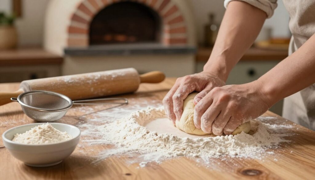 In a warm, softly lit kitchen setting, a wooden table is cluttered with essential pizza-making ingredients. In the foreground, a mound of flour dusted with a light coating rests beside a small bowl of fresh yeast, their textures clearly visible. A hand is seen skillfully mixing the ingredients, with dough forming in the process, showcasing the technique of kneading. In the middle ground, antique kitchen tools like a rolling pin and a dusting sieve are scattered, adding character. The background features a rustic brick oven, slightly blurred, creating a cozy and inviting atmosphere. The overall mood is one of culinary passion, emphasizing the delicate art of preparing pizza dough with focus on flour and yeast. Warm, natural lighting enhances the scene, inviting warmth and a sense of home-cooked flavor.
