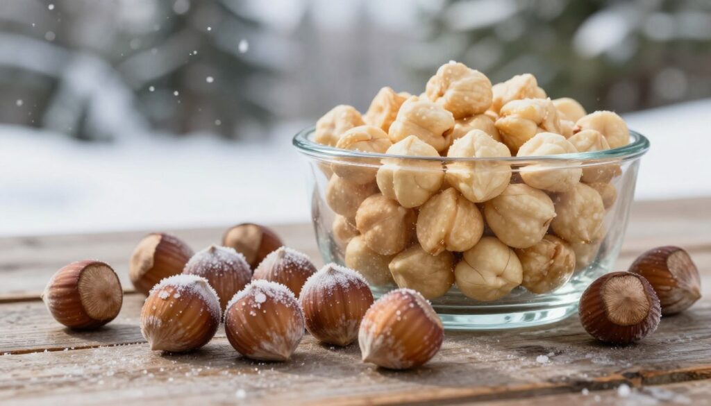 In the foreground, a set of freshly harvested hazelnuts in their shells, glistening with frost, arranged carefully on a rustic wooden surface. The middle ground features a clear glass container filled with peeled hazelnuts, emphasizing the contrast between the two states of storage. In the background, a serene winter scene with gently falling snowflakes and a soft-focus of evergreen trees, creating a tranquil atmosphere. The lighting is soft and diffused, mimicking a winter afternoon glow, enhancing the natural textures of the nuts and wood. The camera angle is slightly elevated, providing a clear view of both the whole hazelnuts and the shelled ones, inviting the viewer to explore the intricacies of nut storage methods, particularly freezing for preservation.