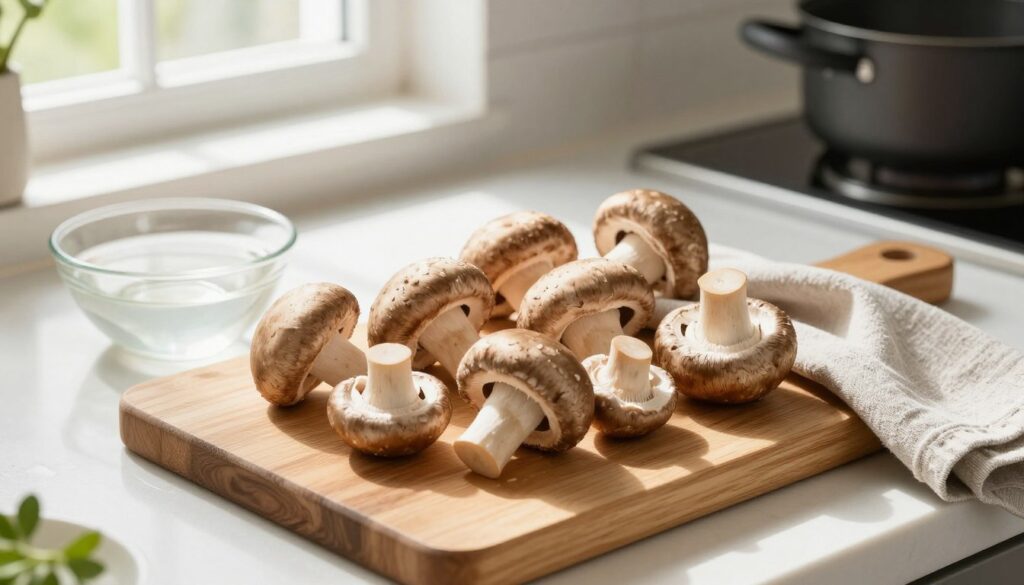 A beautiful kitchen scene showcasing fresh, raw mushrooms on a wooden cutting board, surrounded by a small bowl of water and a gentle cloth for wiping. Bright, natural light streams in from a window, illuminating the textures and rich colors of the mushrooms, emphasizing their freshness. In the background, a clean countertop has organized utensils and a pot ready for cooking, creating an inviting atmosphere. The camera angle is slightly above eye level, allowing for a clear view of the mushrooms while gently blurring the background to maintain focus. The overall mood is calm and ready for culinary preparation, reflecting a sense of care and attention to preserving the mushrooms' flavor and aroma. A beautiful kitchen scene showcasing fresh, raw mushrooms on a wooden cutting board, surrounded by a small bowl of water and a gentle cloth for wiping. Bright, natural light streams in from a window, illuminating the textures and rich colors of the mushrooms, emphasizing their freshness. In the background, a clean countertop has organized utensils and a pot ready for cooking, creating an inviting atmosphere. The camera angle is slightly above eye level, allowing for a clear view of the mushrooms while gently blurring the background to maintain focus. The overall mood is calm and ready for culinary preparation, reflecting a sense of care and attention to preserving the mushrooms' flavor and aroma.