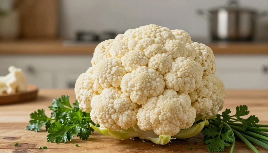 A beautifully arranged and vibrant head of cauliflower sits prominently in the foreground, showcasing its pristine white florets, glistening with a hint of moisture. Surrounding the cauliflower, a sprinkle of fresh herbs, like parsley and chives, adds a splash of green that enhances the visual appeal and suggests flavor. In the background, a soft-focus kitchen setting with gentle, warm lighting creates a cozy atmosphere, emphasizing a rustic wooden table and a few cooking utensils. The scene captures a sense of tranquility and skillful cooking, inviting viewers to appreciate the beauty of maintaining cauliflower's color and enhancing its taste. The camera angle is slightly above eye level, bringing depth and warmth to the composition, ideal for illustrating culinary perfection.