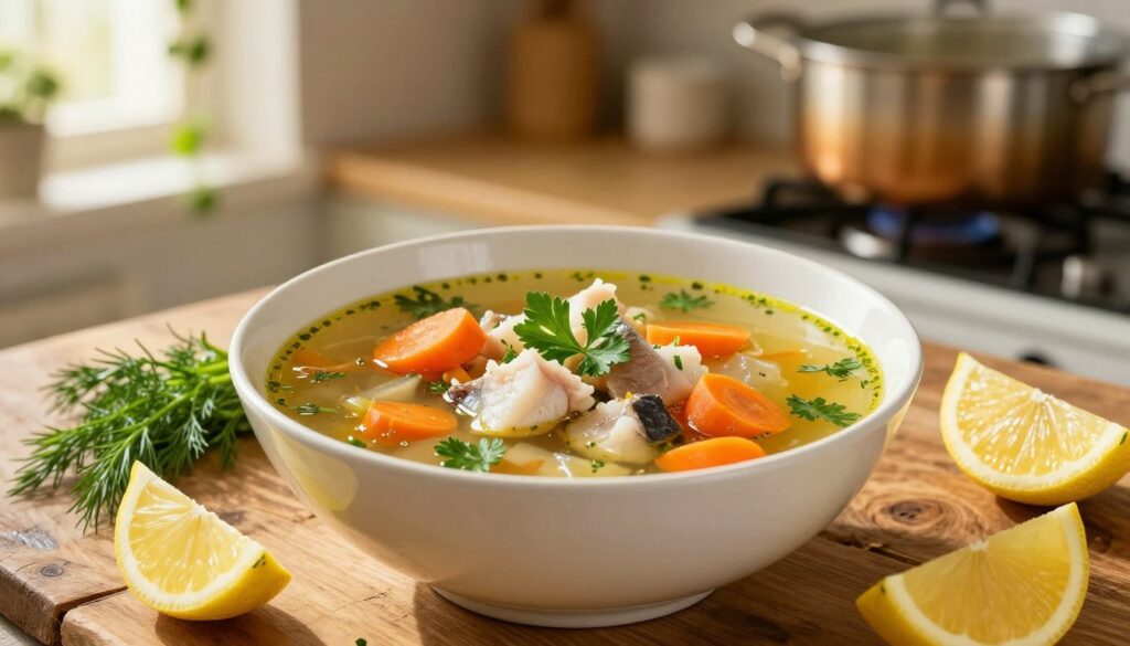 A beautifully arranged bowl of aromatic zupa rybna, featuring a clear golden broth filled with colorful chunks of fresh fish, carrots, and parsley for garnish. The bowl is placed on a rustic wooden table, surrounded by elegant garnishes like lemon wedges and fresh dill. In the background, a softly blurred kitchen scene evokes a warm, inviting atmosphere, with herbs hanging in sunlight and a pot on the stove simmering gently. The lighting is warm and inviting, highlighting the rich colors of the soup and the freshness of the ingredients. Use a shallow depth of field to focus on the soup, creating a cozy and festive ambiance suitable for a holiday meal. A beautifully arranged bowl of aromatic zupa rybna, featuring a clear golden broth filled with colorful chunks of fresh fish, carrots, and parsley for garnish. The bowl is placed on a rustic wooden table, surrounded by elegant garnishes like lemon wedges and fresh dill. In the background, a softly blurred kitchen scene evokes a warm, inviting atmosphere, with herbs hanging in sunlight and a pot on the stove simmering gently. The lighting is warm and inviting, highlighting the rich colors of the soup and the freshness of the ingredients. Use a shallow depth of field to focus on the soup, creating a cozy and festive ambiance suitable for a holiday meal.
