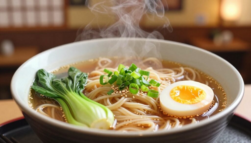 A beautifully arranged bowl of steaming ramen sits in the foreground, highlighting the gleaming noodles, vibrant green bok choy, and a perfectly soft-boiled egg with a rich golden yolk. The middle ground features a sprinkle of sliced green onions and sesame seeds atop the ramen, creating a burst of color. In the background, a softly blurred Japanese restaurant ambiance, with wooden decor and muted warm lighting, evokes a cozy, inviting atmosphere. The scene is illuminated by soft, natural light, enhancing the textures of the ingredients and the glossy broth. Shot from a slightly elevated angle, the composition draws the viewer into the essence of cooking and enjoying ramen at home, capturing both its uniqueness and its inviting simplicity.