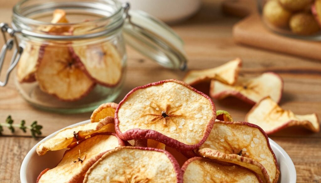 A beautifully arranged close-up of dried apple slices in various stages of storage, showcasing their vibrant colors and textures. In the foreground, focus on a bowl overflowing with perfectly dried apples, revealing their crisp surface and rich hue. The middle ground features an airtight glass jar partially open, indicating proper storage, with a few apple slices gently spilling out. In the background, a rustic wooden kitchen countertop is adorned with delicate herbs and a warm, inviting light illuminating the scene. The atmosphere is cozy and homely, emphasizing the theme of preserving flavor and quality. The angle is slightly above eye-level, providing a clear view of the apple slices and storage methods, creating an inviting ambiance that engages the viewer.