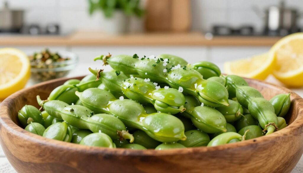 A beautifully arranged close-up of freshly cooked fava beans (bób gotowany), glistening with a light drizzle of olive oil and garnished with a sprinkle of sea salt and fresh herbs. The foreground features a rustic wooden bowl overflowing with vibrant green fava beans, showcasing their tender, glossy texture. In the middle, a bright kitchen surface is adorned with a few sliced lemons and a small dish of the savory seasoning used to enhance their flavor. The background reveals a softly lit kitchen environment, with hints of potted herbs and kitchen tools to create a warm, inviting atmosphere. The lighting is bright and natural, highlighting the freshness of the ingredients, evoking a mood of culinary delight and comfort.