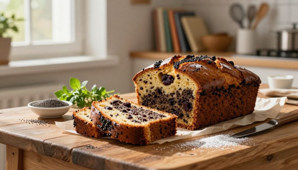 A beautifully arranged display of a poppy seed cake (makowiec) on a rustic wooden table, showcasing its rich texture and moist interior. The cake is slightly sliced to reveal its layers, emphasizing a fresh and inviting look. Surrounding the cake are ingredients like poppy seeds, powdered sugar, and fresh herbs, contributing to a cozy kitchen atmosphere. Soft, warm sunlight filters through a nearby window, casting gentle shadows and highlighting the cake's sheen. In the background, blurred shelves filled with cookbooks and baking utensils create a charming, homely feel. The overall mood is inviting and warm, perfect for conveying the essence of storing the cake at room temperature.
