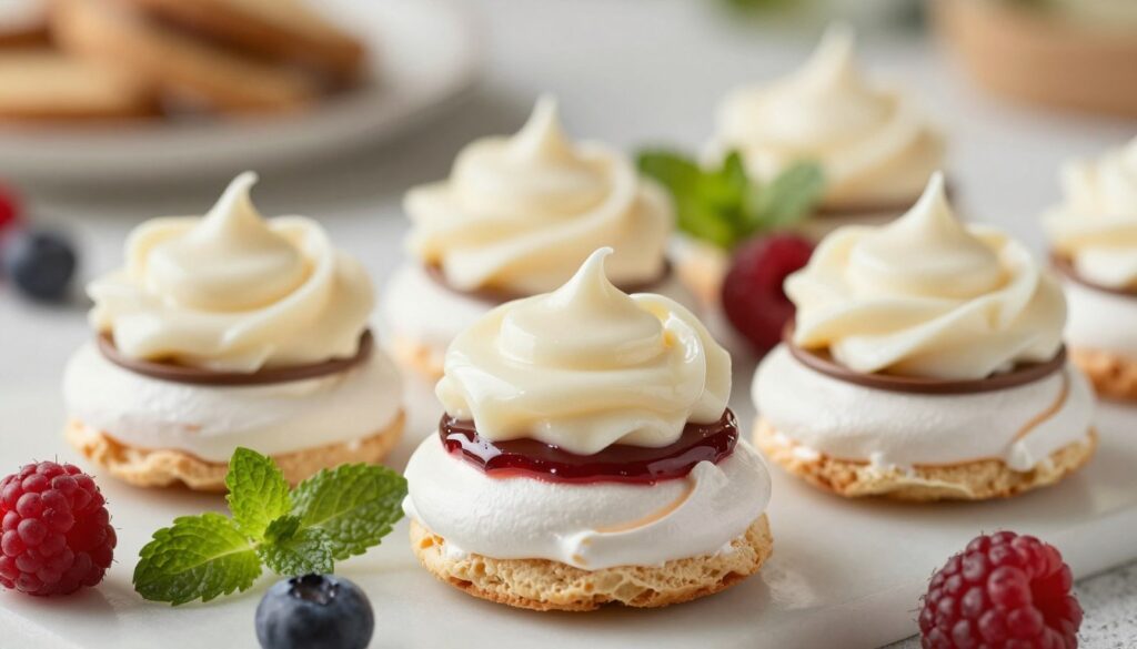 A beautifully arranged display of elegant, crisp meringue-based "beza" topped with smooth, glossy cream. In the foreground, the bezas are stacked artfully, highlighting their delicate edges and light texture. A thin, transparent barrier of melted chocolate or fruit preserve separates the cream from the meringue, emphasizing the section on tips to maintain their integrity. In the middle ground, fresh berries and mint leaves are thoughtfully scattered around, adding pops of color and freshness. The background features a softly blurred kitchen setting with warm, natural lighting, creating a cozy and inviting atmosphere. The angle is slightly above eye level, allowing for a clear view of the dessert’s layers while maintaining a professional and appetizing presentation. The mood is elegant and tranquil, perfect for showcasing culinary artistry.