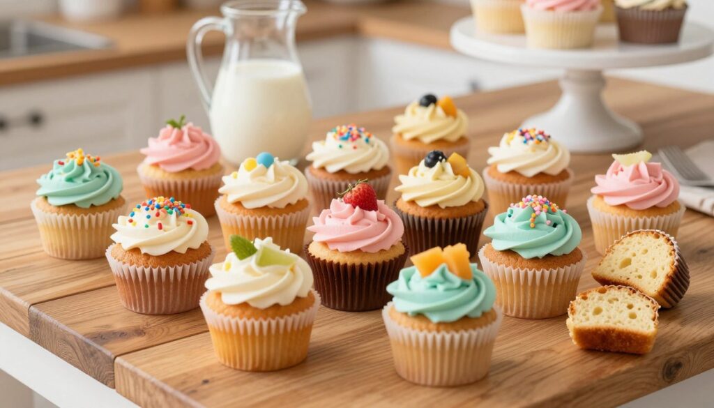 A beautifully arranged display of fresh, un-frosted cupcakes placed on a rustic wooden table. The foreground features a variety of cupcakes in pastel colors, each topped with edible decorations like sprinkles and small fruit slices. In the middle ground, soft natural lighting illuminates the cupcakes, highlighting their moist texture and vibrant colors. A few cupcakes are cut in half to showcase their fluffy interior. In the background, soft-focus kitchen elements like a pitcher of milk and a decorative cake stand enhance the homey atmosphere. The overall mood is inviting and cheerful, suggesting a warm, cozy kitchen setting perfect for enjoying the delightful treats. The angle should be slightly overhead to capture the full array of cupcakes.