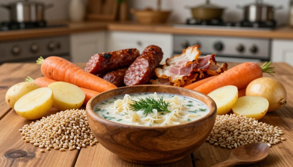 A beautifully arranged display of zalewajka ingredients on a rustic wooden table. In the foreground, a wooden bowl filled with creamy white sauerkraut soup, garnished with fresh dill. Surrounding the bowl, showcase vibrant vegetables like sliced potatoes, carrots, and onions, along with whole grains like barley and rye. In the middle, include smoked sausage pieces and crispy bits of bacon, adding a touch of color and texture. The background features a cozy kitchen setting with warm, soft lighting, emphasizing the homey atmosphere. Use a shallow depth of field to focus on the ingredients, with the kitchen slightly blurred for a warm, inviting feel. Aim for a realistic and appetizing look, reflecting traditional culinary practices.