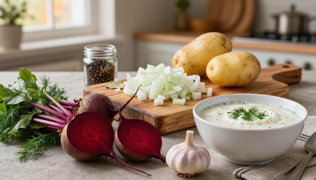 A beautifully arranged flat lay of fresh ingredients for making traditional white borscht. In the foreground, showcase vibrant ingredients such as beets, fresh dill, garlic, and a bowl of homemade sourdough starter. The middle layer features a rustic wooden cutting board with chopped onions and potatoes, with a small jar of spices like black peppercorns and bay leaves. In the background, blurred images of a cozy kitchen setting, with softly glowing light coming from a window, evoke a warm, inviting atmosphere. The color palette should be rich with earthy tones, emphasizing freshness and homeliness. Capture this scene with soft lighting and a shallow depth of field to focus on the ingredients, enhancing their textures and colors.