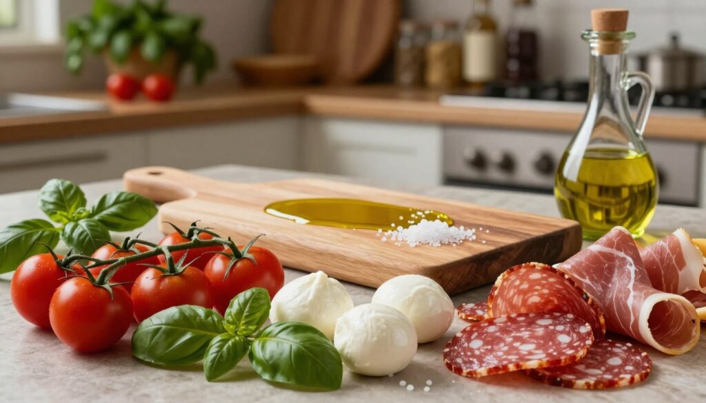 A beautifully arranged gourmet pizza ingredients display, showcasing high-quality and vibrant toppings. In the foreground, a variety of fresh ingredients such as ripe cherry tomatoes, fragrant basil leaves, creamy mozzarella balls, and artisanal cured meats like prosciutto and spicy salami. The middle ground features an elegant wooden cutting board, with a sprinkle of sea salt and a drizzle of high-quality olive oil glistening under soft, warm lighting. In the background, a rustic kitchen with blurred shelves of herbs and spices creates a cozy ambiance. The scene captures the essence of gourmet pizza-making, with a focus on quality and freshness, evoking an atmosphere of culinary artistry and indulgence. A beautifully arranged gourmet pizza ingredients display, showcasing high-quality and vibrant toppings. In the foreground, a variety of fresh ingredients such as ripe cherry tomatoes, fragrant basil leaves, creamy mozzarella balls, and artisanal cured meats like prosciutto and spicy salami. The middle ground features an elegant wooden cutting board, with a sprinkle of sea salt and a drizzle of high-quality olive oil glistening under soft, warm lighting. In the background, a rustic kitchen with blurred shelves of herbs and spices creates a cozy ambiance. The scene captures the essence of gourmet pizza-making, with a focus on quality and freshness, evoking an atmosphere of culinary artistry and indulgence.