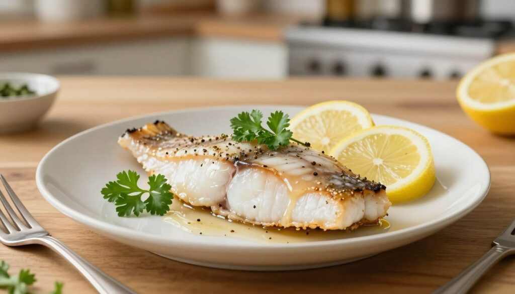 A beautifully arranged gourmet plate featuring a perfectly cooked fish fillet, glistening with a delicate glaze. The fish, seasoned with herbs and spices, is garnished with fresh lemon slices and vibrant green parsley. In the foreground, a fork elegantly rests next to the plate, inviting the viewer to taste. The middle ground showcases a soft-focus wooden dining table, enhancing the culinary theme. In the background, blurred kitchen elements hint at a warm, inviting cooking environment with gentle lighting, creating a cozy atmosphere. Use soft, natural light to emphasize the juiciness and tender texture of the fish, captured from a slight overhead angle for a dynamic presentation. The overall vibe is fresh, appetizing, and homey, appealing to the senses. A beautifully arranged gourmet plate featuring a perfectly cooked fish fillet, glistening with a delicate glaze. The fish, seasoned with herbs and spices, is garnished with fresh lemon slices and vibrant green parsley. In the foreground, a fork elegantly rests next to the plate, inviting the viewer to taste. The middle ground showcases a soft-focus wooden dining table, enhancing the culinary theme. In the background, blurred kitchen elements hint at a warm, inviting cooking environment with gentle lighting, creating a cozy atmosphere. Use soft, natural light to emphasize the juiciness and tender texture of the fish, captured from a slight overhead angle for a dynamic presentation. The overall vibe is fresh, appetizing, and homey, appealing to the senses.