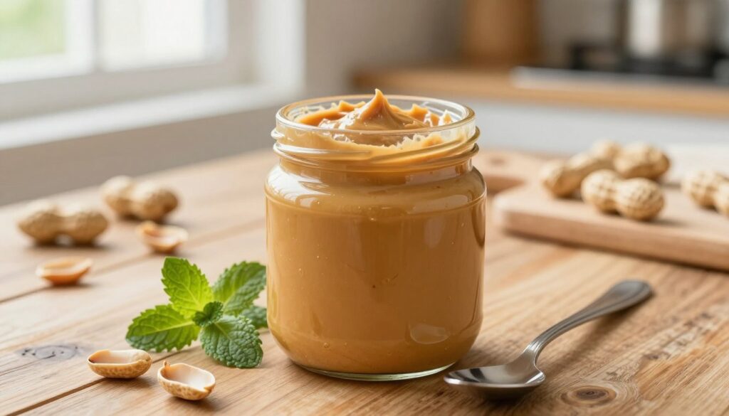A beautifully arranged jar of creamy peanut butter takes center stage on a rustic wooden table. The jar, slightly open, reveals the smooth texture inside, glistening under soft, natural light coming from a nearby window. Surrounding the jar are fresh ingredients like roasted peanuts, a sprig of mint for color, and a small spoon gently resting on the side. In the blurred background, there are subtle hints of kitchen elements, such as a cutting board and a cozy kitchen atmosphere. The lighting creates a warm, inviting mood, emphasizing the richness and flavor of the peanut butter while hinting at the importance of proper storage to preserve taste and texture. The angle is slightly above, capturing the arrangement artfully and invitingly.