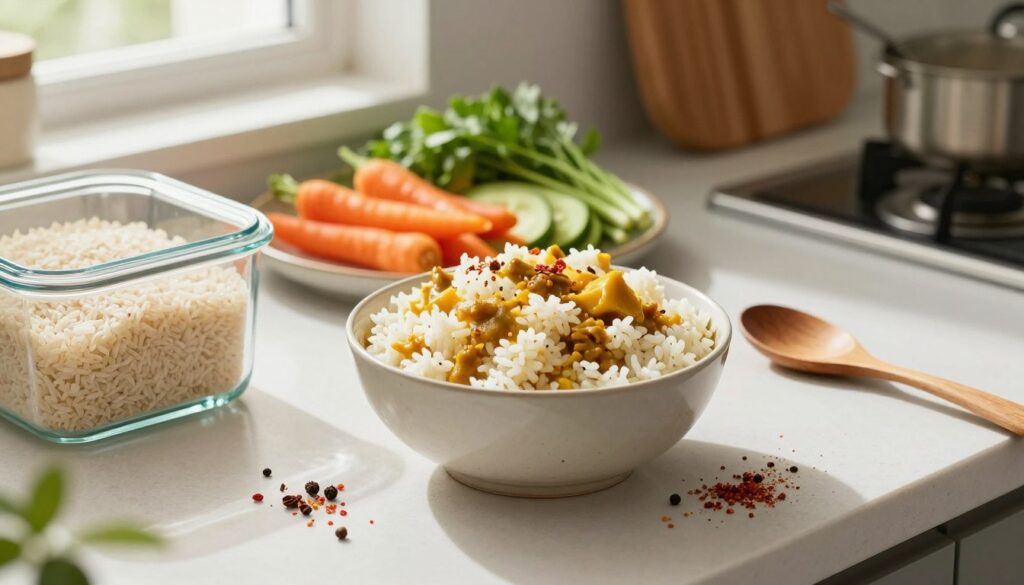 A beautifully arranged kitchen counter featuring a bowl of fluffy, aromatic curry rice, with vibrant spices sprinkled around. In the foreground, a clear glass container filled with uncooked rice, emphasizing proper storage methods for maintaining freshness. The middle ground displays a colorful array of cut vegetables and herbs used in curry, while a sleek wooden spoon rests beside the bowl. The background shows soft, diffused natural light filtering through a window, casting gentle shadows that enhance the inviting atmosphere. The scene is warm and homely, evoking a feeling of comfort and readiness for a delicious meal. Capture this from a slightly elevated angle to showcase the textures and colors beautifully.