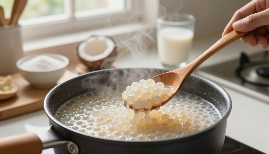 A beautifully arranged kitchen countertop featuring a pot of simmering tapioca pearls, capturing the process of cooking them to perfection. In the foreground, a wooden spoon stirs the tapioca, showcasing their glossy, translucent texture while steam rises gently from the pot, creating a warm atmosphere. The middle layer displays an array of kitchen ingredients, including a small bowl of sugar and a cup of coconut milk, suggesting common adjustments for achieving the ideal consistency. The background reveals a window letting in soft, natural light, emphasizing a cozy and inviting cooking environment. The scene is framed with a shallow depth of field, focusing on the tapioca, while maintaining a slightly blurred effect on the background, enhancing the sense of warmth and home cooking.