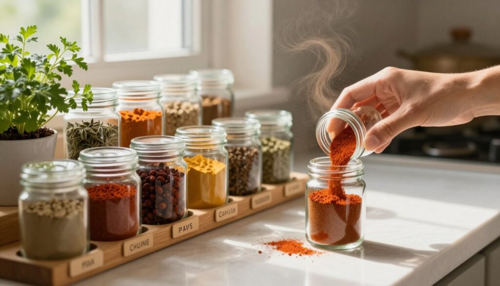 A beautifully arranged kitchen countertop featuring a variety of aromatic spices in transparent glass jars, showcasing their vibrant colors and textures. In the foreground, a hand gently opens one jar, releasing a visible swirl of spices into the air, hinting at their rich aromas. In the middle, a wooden spice rack, elegantly organized, displays labels for each spice clearly. Fresh herbs in small pots provide a burst of green, adding to the visual appeal. The background includes soft, warm lighting from a nearby window, creating a cozy and inviting atmosphere. Focused on a shallow depth of field to emphasize the spices and hands while softly blurring the background. This serene culinary setting evokes a sense of warmth and inspiration for preserving spice freshness.