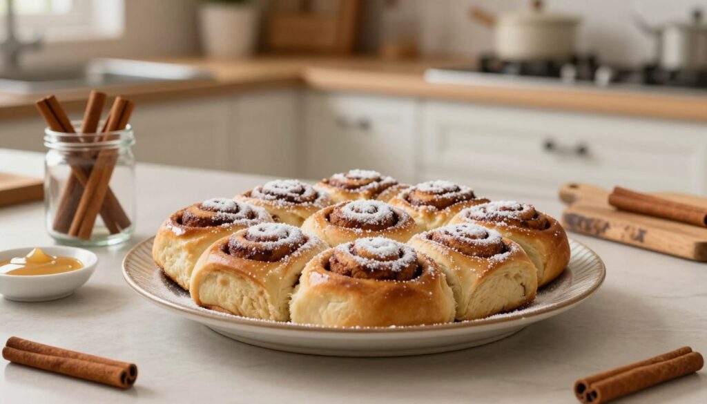 A beautifully arranged kitchen countertop featuring freshly baked cinnamon rolls on a decorative platter. The cinnamon rolls are soft, glistening, and meticulously arranged with a sprinkle of powdered sugar on top, showcasing their inviting texture. Surrounding the platter are various kitchen accessories like a glass jar filled with cinnamon sticks, a small dish of icing, and a rustic wooden board. The background features soft, warm lighting that enhances the cozy atmosphere of the kitchen, with a slight bokeh effect to blur the cabinets and utensils that are subtly visible. The overall mood is inviting and homey, perfect for conveying the essence of storing cinnamon rolls effectively on the countertop.