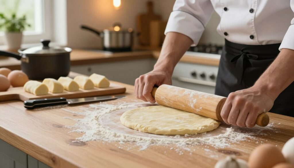 A beautifully arranged kitchen countertop featuring the process of making kopytka, emphasizing the texture and ingredients of the dough. In the foreground, a clean, wooden surface holds a mound of soft potato dough, slightly floured and ready for shaping. A chef, dressed in professional attire, is skillfully rolling the dough with a traditional rolling pin, their hands lightly dusted with flour. The middle ground showcases a sharp knife and a cutting board, with small, neatly cut pieces of kopytka waiting to be cooked. In the background, warm overhead lighting casts a soft glow, highlighting the rustic, inviting kitchen atmosphere, complete with pots, pans, and a hint of herbs on a windowsill, evoking a feeling of warmth and home-cooked comfort.