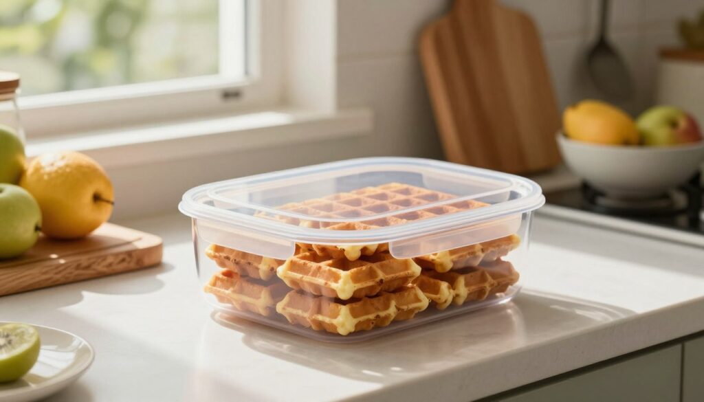 A beautifully arranged kitchen countertop showcasing perfectly baked waffles, stored in an elegant, breathable container designed to maintain their crispiness. In the foreground, focus on the container with a transparent lid that reveals the golden-brown waffles stacked neatly inside, radiating warmth. The middle ground features a rustic wooden cutting board and a bowl of fresh fruit nearby, emphasizing freshness. Soft, natural lighting spills in from a window, creating gentle shadows that enhance the textures of the waffles and surrounding elements. The background shows cozy kitchen details like hanging utensils and a subtle hint of a kitchen garden, creating a warm and inviting atmosphere. The overall mood is inviting and homely, perfect for a culinary setting.