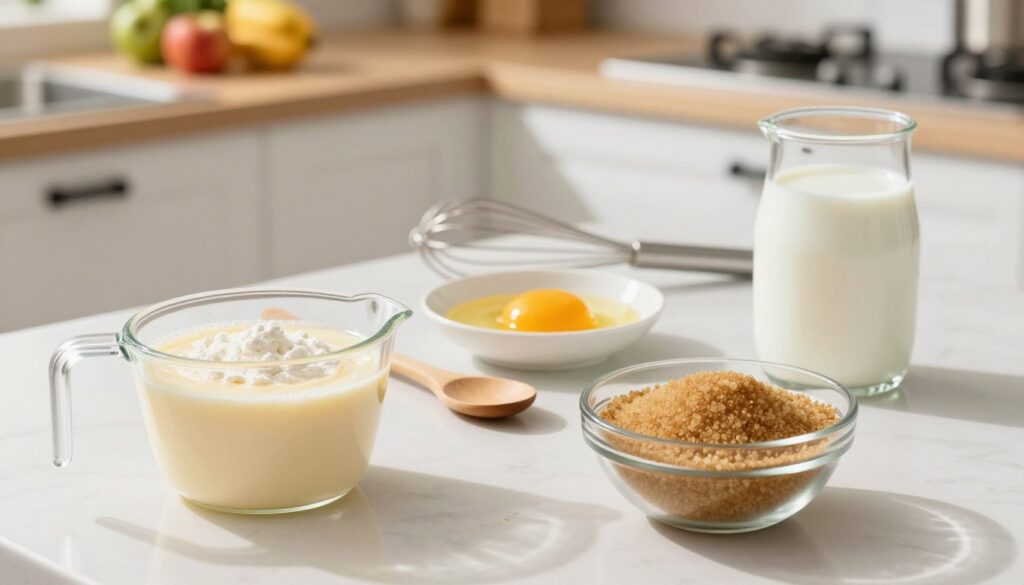 A beautifully arranged kitchen countertop showcasing the ingredients for homemade pudding. In the foreground, a measuring cup filled with smooth cornstarch, a bowl of rich brown sugar, and a glass container of fresh whole milk glisten under natural light. In the middle, a wooden spoon rests beside a whisk, while a bright yellow egg yolk sits in an elegant dish, exuding freshness. The background features a softly blurred kitchen with white cabinets and fresh fruits, creating a warm, inviting atmosphere. The light should be bright and airy, casting gentle shadows that highlight the ingredients' textures. The overall mood conveys a sense of warmth and culinary creativity, emphasizing the pursuit of a perfectly smooth pudding consistency.