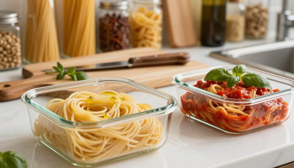A beautifully arranged kitchen scene focused on storing cooked pasta. In the foreground, a clear glass container filled with freshly cooked spaghetti, lightly drizzled with olive oil to prevent sticking. Nearby, a second container showcases pasta mixed with a vibrant tomato sauce, garnished with fresh basil leaves. The middle ground features a wooden cutting board with a rustic knife and additional herbs, suggesting preparation. In the background, warm, soft lighting floods the kitchen, highlighting shelves stocked with various pasta types and condiments. The atmosphere is inviting and homey, evoking a sense of culinary care and delicious meals. The angle is slightly overhead, capturing the delightful contrast between the plain and sauced pasta. A beautifully arranged kitchen scene focused on storing cooked pasta. In the foreground, a clear glass container filled with freshly cooked spaghetti, lightly drizzled with olive oil to prevent sticking. Nearby, a second container showcases pasta mixed with a vibrant tomato sauce, garnished with fresh basil leaves. The middle ground features a wooden cutting board with a rustic knife and additional herbs, suggesting preparation. In the background, warm, soft lighting floods the kitchen, highlighting shelves stocked with various pasta types and condiments. The atmosphere is inviting and homey, evoking a sense of culinary care and delicious meals. The angle is slightly overhead, capturing the delightful contrast between the plain and sauced pasta.