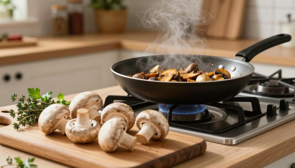 A beautifully arranged kitchen scene focused on the alternative cooking methods for mushrooms, particularly emphasizing their flavor and texture. In the foreground, a wooden cutting board displays fresh, whole mushrooms with a natural sheen, surrounded by herbs like thyme and parsley. In the middle ground, a stovetop with a sizzling pan filled with sautéed mushrooms, showcasing a golden-brown color, steam rising, and a hint of garlic. The background features a softly lit kitchen with rustic wooden shelves lined with spices and cooking utensils, creating a warm, inviting atmosphere. Use warm, natural lighting to enhance the freshness of the ingredients and evoke a cozy cooking mood, captured from a slightly elevated angle to provide depth and detail. A beautifully arranged kitchen scene focused on the alternative cooking methods for mushrooms, particularly emphasizing their flavor and texture. In the foreground, a wooden cutting board displays fresh, whole mushrooms with a natural sheen, surrounded by herbs like thyme and parsley. In the middle ground, a stovetop with a sizzling pan filled with sautéed mushrooms, showcasing a golden-brown color, steam rising, and a hint of garlic. The background features a softly lit kitchen with rustic wooden shelves lined with spices and cooking utensils, creating a warm, inviting atmosphere. Use warm, natural lighting to enhance the freshness of the ingredients and evoke a cozy cooking mood, captured from a slightly elevated angle to provide depth and detail.