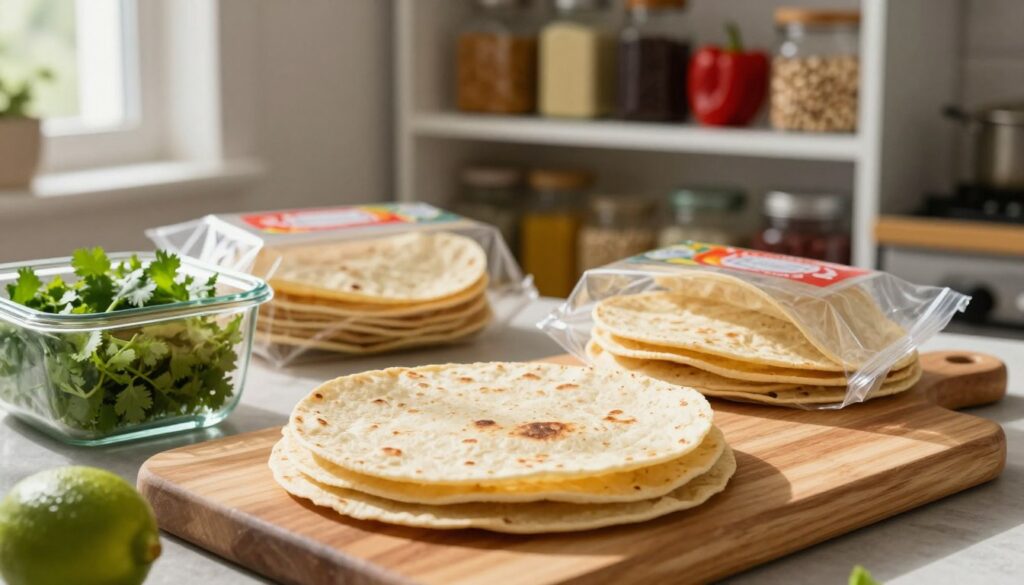 A beautifully arranged kitchen scene focusing on fresh tortillas. In the foreground, a stack of soft, lightly toasted tortillas is placed on a wooden cutting board, alongside a glass container filled with fresh cilantro and a lime, subtly highlighting freshness. In the middle ground, there’s a partially open plastic packaging of tortillas, with a few stacked tortillas peeking out, emphasizing the theme of storage. A soft-focus background features an organized pantry shelf filled with various Mexican ingredients, such as beans and peppers. The natural light flows from a nearby window, casting warm, inviting shadows. The mood is cozy and homely, evoking the idea of delicious meals made from freshly stored tortillas. The composition is shot from a slightly elevated angle, giving an inviting view of the scene. A beautifully arranged kitchen scene focusing on fresh tortillas. In the foreground, a stack of soft, lightly toasted tortillas is placed on a wooden cutting board, alongside a glass container filled with fresh cilantro and a lime, subtly highlighting freshness. In the middle ground, there’s a partially open plastic packaging of tortillas, with a few stacked tortillas peeking out, emphasizing the theme of storage. A soft-focus background features an organized pantry shelf filled with various Mexican ingredients, such as beans and peppers. The natural light flows from a nearby window, casting warm, inviting shadows. The mood is cozy and homely, evoking the idea of delicious meals made from freshly stored tortillas. The composition is shot from a slightly elevated angle, giving an inviting view of the scene.