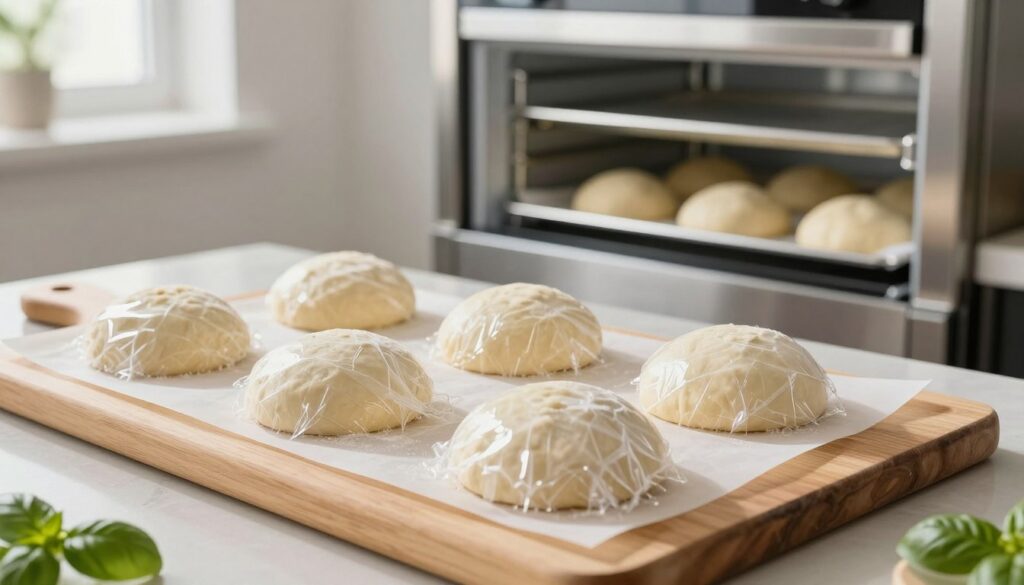 A beautifully arranged kitchen scene showcasing frozen pizza dough. In the foreground, a pristine wooden cutting board holds neatly wrapped pizza dough balls, covered with parchment paper and plastic wrap, hinting at their freshness. The middle focuses on a professional kitchen setting, with stainless steel appliances and an open freezer partially visible, revealing more stored dough. In the background, soft natural light streams through a window, casting gentle shadows, enhancing the inviting atmosphere. A hint of fresh basil sits on a nearby countertop, emphasizing the culinary focus. The overall mood is neat, organized, and fresh, portraying an effortless way to store pizza dough for weeks without quality loss. The image is clear and vibrant, shot at eye level to engage the viewer.