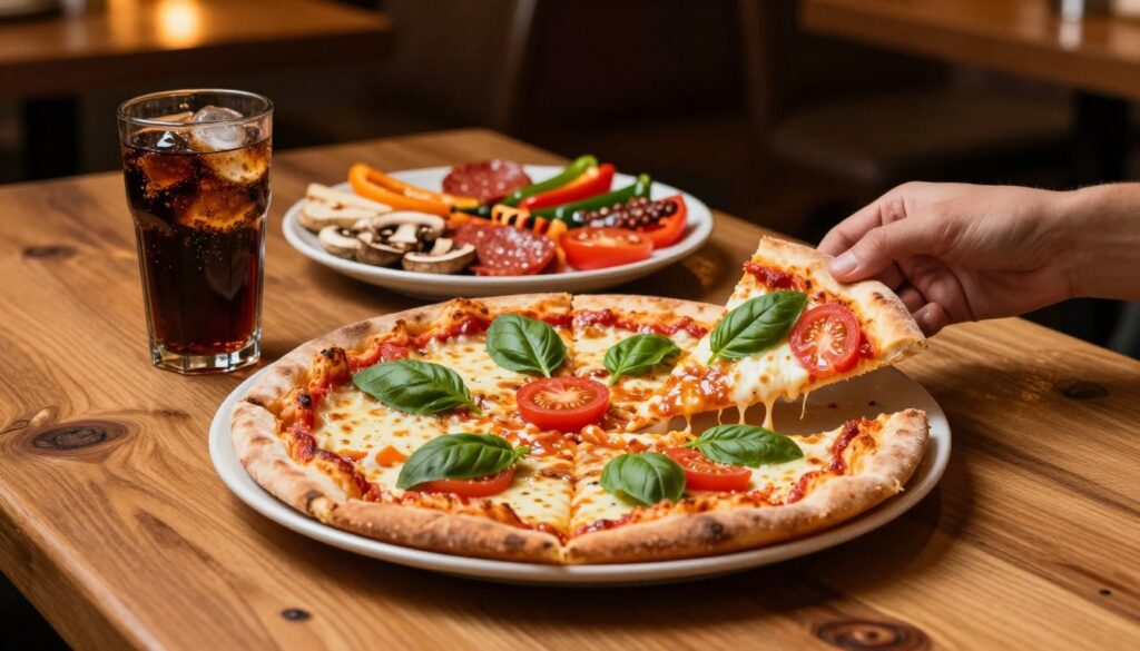 A beautifully arranged pizza centering a rustic wooden table, showcasing its 40 cm diameter, surrounded by an array of vibrant toppings like fresh basil, ripe tomatoes, and melted cheese. In the foreground, a hand reaches for a slice, emphasizing the deliciousness, while a tasteful glass of soda sits nearby. In the middle ground, a plate filled with various toppings like mushrooms, pepperoni, and bell peppers adds depth, inviting the viewer to consider flavor choices. The background features a cozy dining atmosphere with warm lighting, softly glowing from above, casting gentle shadows. The scene conveys a warm, inviting mood, perfect for sharing with friends or family, while maintaining a professional appearance without any distractions.