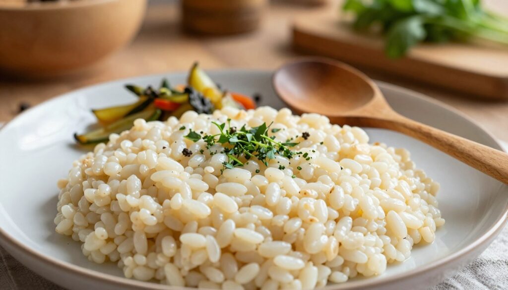 A beautifully arranged plate of cooked pęczak, showcasing the light, fluffy grains glistening under natural illumination. In the foreground, the pęczak is artistically styled with a sprinkle of fresh herbs, adding vibrant green hues. Nearby, a wooden spoon rests against the rim of the plate, hinting at its wholesome, rustic preparation. In the middle ground, there are subtle hints of accompanying ingredients such as sautéed vegetables and spices, arranged elegantly to suggest a meal. The background is softly blurred, featuring a warm kitchen setting with rustic wooden elements and a hint of fresh produce, evoking a cozy, inviting atmosphere. The image conveys a sense of comfort and wholesome nourishment, highlighting the appeal of pęczak in healthy cooking.