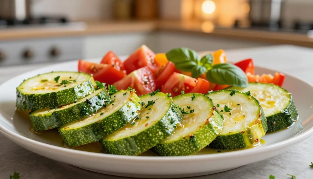 A beautifully arranged plate of perfectly cooked zucchini, sliced into thick, vibrant green rounds with a slightly golden edge, sits in the foreground. The zucchini showcases its unique texture, glistening with a touch of olive oil and garnished with a sprinkle of fresh herbs like parsley and basil. In the middle ground, there are complementary elements like diced tomatoes and colorful bell peppers, enhancing the plate's appeal. The background features a softly blurred kitchen setting, with warm, inviting lights highlighting the freshness of the ingredients. The image captures a cozy culinary atmosphere, exuding a wholesome, nutritious vibe suitable for family meals. Use natural light to create a warm and inviting feel, simulating a shallow depth of field for focus on the zucchini.