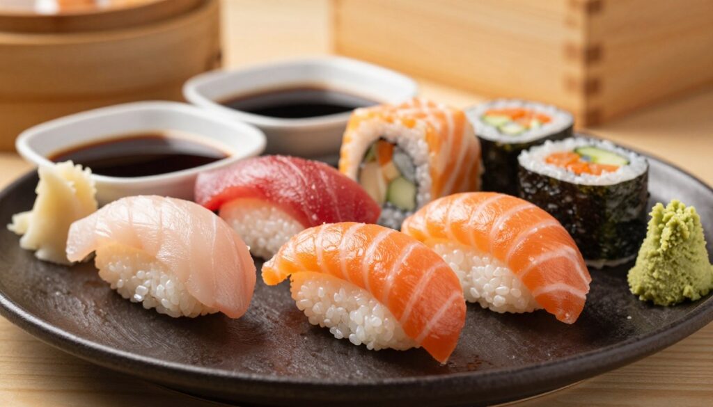 A beautifully arranged plate of sushi showcasing raw fish, featuring various types such as sashimi-style slices, nigiri topped with glistening salmon and tuna, and intricate maki rolls with vibrant fillings. The foreground captures the sushi details with a slight sheen, emphasizing freshness and quality. The middle ground includes dipping sauces like soy sauce and wasabi artfully placed beside the sushi, adding to the visual appeal. The background is softly blurred, hinting at a traditional Japanese setting, perhaps with bamboo elements or wooden sushi stands, bathed in soft, natural light to evoke warmth. A shallow depth of field creates an inviting atmosphere, emphasizing the delicacy and allure of dining on fresh sushi, making it clear that this dish is both exquisite and requires careful handling for safety.