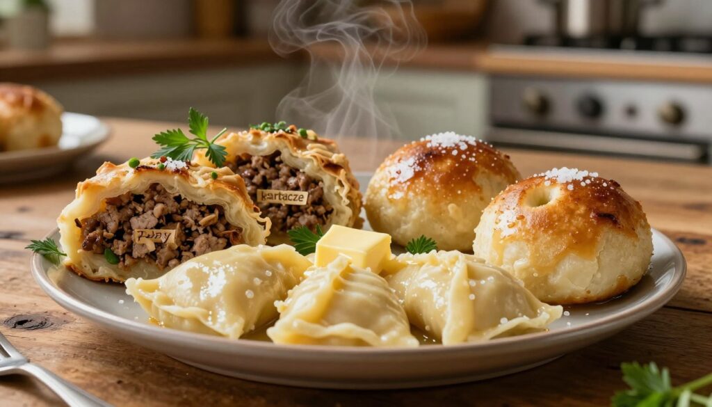 A beautifully arranged plate showcasing "pyzy," "kartacze," and "kluski śląskie" artfully garnished with fresh herbs. In the foreground, focus on the soft, pillowy texture of the pyzy, glistening with a light sheen from butter. The kartacze, larger and more rustic, are filled with savory meat, while the round kluski śląskie are adorned with a small indentation, glistening with a sprinkle of coarse salt. In the middle ground, a rustic wooden table complements the comforting atmosphere, with steam rising gently from the freshly cooked dishes. The background features a cozy kitchen setting with soft, warm lighting that highlights the earthy colors of the food, creating a homely and inviting mood, perfect for a culinary experience.