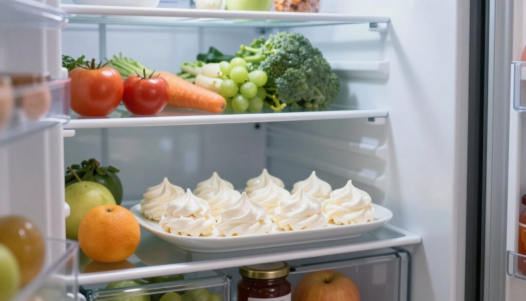 A beautifully arranged refrigerator, showcasing a delicate tray of cream-filled meringues. The meringues are perfectly crafted, glistening with a light sheen, and placed elegantly on a white ceramic plate, their texture pristine and inviting. In the foreground, colorful fruits and a small jar of jam add a burst of color, while the fridge's shelves are organized with fresh produce and neat containers. Soft, natural lighting filters through the transparent door, casting gentle shadows and creating a fresh, cool atmosphere. The background is subtly blurred to emphasize the foreground items, reflecting a clean and tidy kitchen environment, ideal for preserving culinary delights.