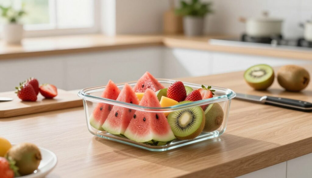 A beautifully arranged scene depicting the storage of cut and partially eaten fruits in a modern kitchen. In the foreground, a glass container filled with vibrant, freshly cut fruits like watermelon, strawberries, and kiwi, showcasing their textures and colors. The middle ground features a sleek wooden countertop with additional fruit preparation tools, such as a small knife and a cutting board. In the background, soft natural light pours in through a window, highlighting a minimalist kitchen with potted plants, adding a fresh, inviting atmosphere. The mood is clean and bright, emphasizing freshness and careful storage to prevent mold. The image should be composed with a shallow depth of field to draw attention to the vibrant fruits, captured from a slightly elevated angle for a dynamic view. A beautifully arranged scene depicting the storage of cut and partially eaten fruits in a modern kitchen. In the foreground, a glass container filled with vibrant, freshly cut fruits like watermelon, strawberries, and kiwi, showcasing their textures and colors. The middle ground features a sleek wooden countertop with additional fruit preparation tools, such as a small knife and a cutting board. In the background, soft natural light pours in through a window, highlighting a minimalist kitchen with potted plants, adding a fresh, inviting atmosphere. The mood is clean and bright, emphasizing freshness and careful storage to prevent mold. The image should be composed with a shallow depth of field to draw attention to the vibrant fruits, captured from a slightly elevated angle for a dynamic view.
