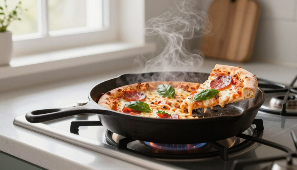 A beautifully arranged scene of a cast-iron skillet on a modern kitchen stove, with a slice of pizza being reheated. The pizza has a crispy crust, melted cheese, and vibrant toppings like fresh basil and pepperoni, creating a mouth-watering sight. In the foreground, gentle steam rises from the skillet, indicating the heat, while in the background, soft natural light streams in through a nearby window, highlighting the kitchen's clean surfaces and minimalistic decor. The angle captures an inviting atmosphere, evoking a sense of warmth and homeliness. The focus is on the interaction of heat and food, emphasizing the allure of perfectly reheated pizza.