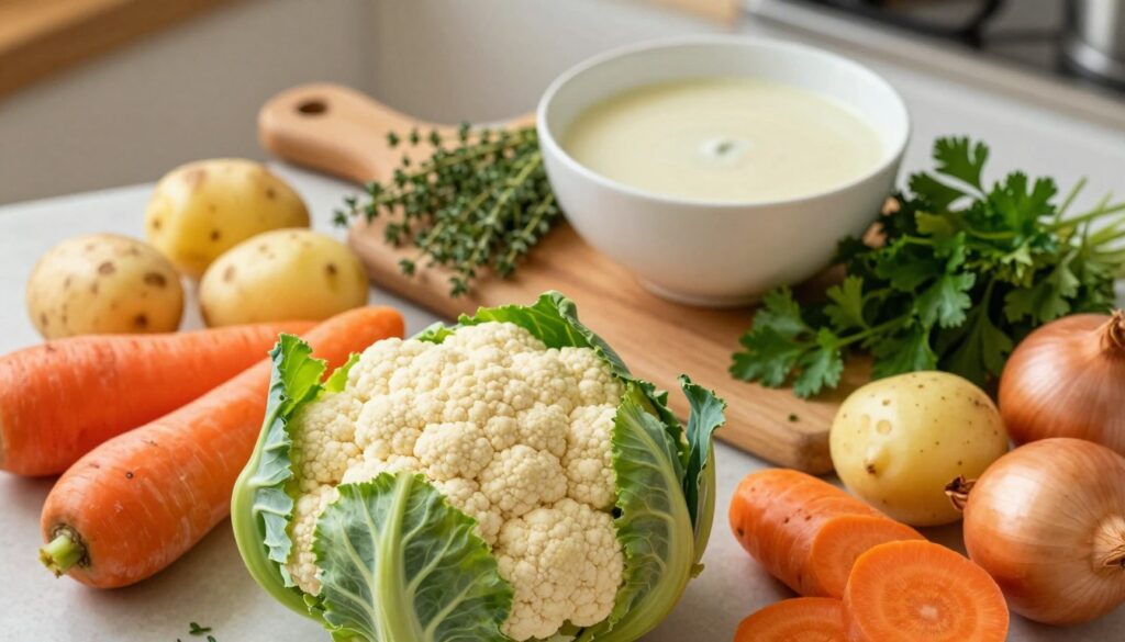 A beautifully arranged scene of fresh ingredients for cauliflower soup, focusing on vibrant, colorful vegetables. In the foreground, a whole cauliflower with crisp green leaves, surrounded by sliced carrots, potatoes, and onions, each showcasing their natural textures and colors. In the middle, a wooden cutting board holds fresh herbs like thyme and parsley, alongside a bowl of creamy white stock. In the background, a softly blurred kitchen environment with warm lighting, emphasizing a cozy atmosphere that invites cooking. An overhead view captures the vivid colors and rich details of the fresh produce, instilling a sense of freshness and culinary inspiration. The mood is inviting and warm, perfect for a comforting soup preparation.