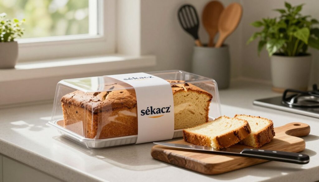 A beautifully arranged scene showcasing a traditional "sękacz" cake elegantly packaged for freshness. In the foreground, a fresh sękacz nestled in clear, hygienic packaging that emphasizes its texture, with a slice artfully displayed on a rustic wooden cutting board alongside a sharp, clean knife. The middle section features a cozy kitchen setting with soft, natural lighting filtering through a nearby window, casting warm shadows and highlighting the cake's layers. In the background, subtle details include neatly organized kitchen utensils and a vibrant plant, enhancing the inviting atmosphere. The overall mood is warm and homey, focusing on freshness and proper storage to maintain quality. A beautifully arranged scene showcasing a traditional "sękacz" cake elegantly packaged for freshness. In the foreground, a fresh sękacz nestled in clear, hygienic packaging that emphasizes its texture, with a slice artfully displayed on a rustic wooden cutting board alongside a sharp, clean knife. The middle section features a cozy kitchen setting with soft, natural lighting filtering through a nearby window, casting warm shadows and highlighting the cake's layers. In the background, subtle details include neatly organized kitchen utensils and a vibrant plant, enhancing the inviting atmosphere. The overall mood is warm and homey, focusing on freshness and proper storage to maintain quality.