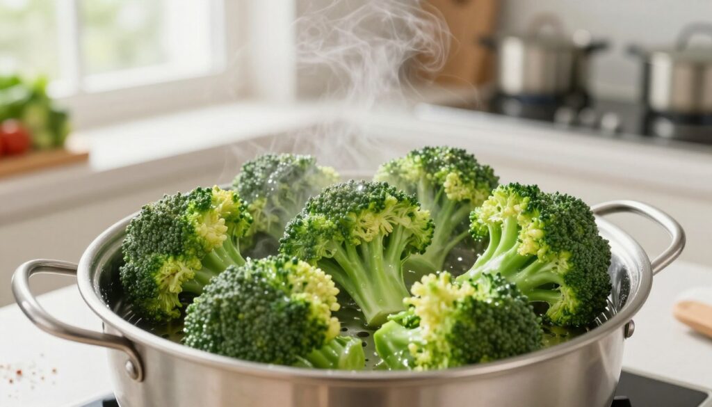 A beautifully arranged scene showcasing broccoli being steamed, emphasizing its vibrant green color and firm texture. In the foreground, a steamer basket filled with fresh, whole broccoli florets glistens with moisture, steam gently rising from it. The middle ground reveals a bright, modern kitchen setting with natural light pouring in through a window, illuminating a countertop adorned with cooking utensils and a sprinkle of sea salt. In the background, soft-focused pots and additional vegetables hint at a healthy cooking environment. The atmosphere is fresh and inviting, highlighting the simplicity and elegance of steaming vegetables. Capture this moment with a warm, natural lighting effect to enhance the colors, using a slightly high-angle lens perspective to draw the viewer into the preparation process.