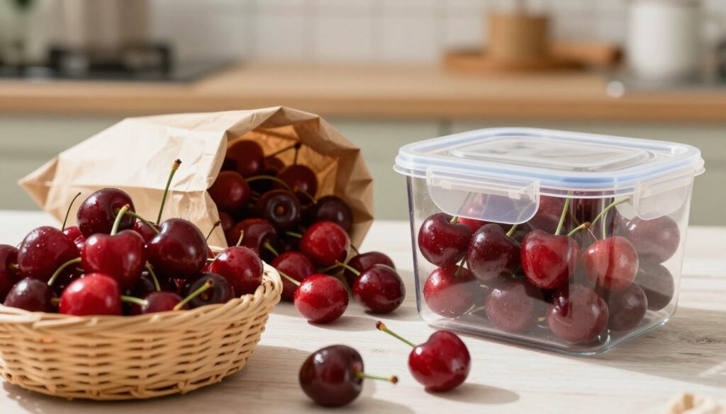 A beautifully arranged scene showcasing fresh, vibrant cherries stored thoughtfully for optimal freshness. In the foreground, a wicker basket filled with plump, glossy red cherries, showcasing their rich color and texture. The middle ground features a paper bag with cherries spilling out, highlighting the importance of air circulation. Next to it, a clear container with a vented lid demonstrates moisture control. The background is softly blurred, depicting a rustic kitchen setting with gentle natural light streaming in, creating a warm and inviting atmosphere. The scene conveys the concept of freshness and preservation, with delicate reflections in the glass container adding depth. The overall mood is serene and homely, emphasizing the care taken in storing cherries.