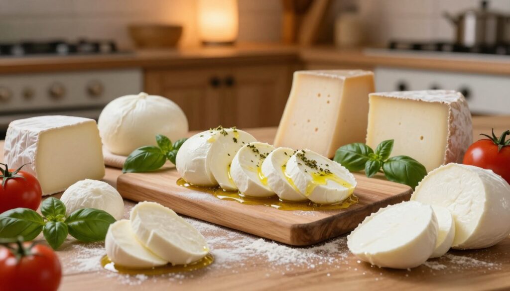 A beautifully arranged selection of different types of mozzarella cheeses suitable for pizza, prominently displayed in the foreground. In the middle, showcase a cutting board with freshly sliced mozzarella balls, drizzled with olive oil and sprinkled with herbs. Surround the cheese with ingredients like fresh basil leaves, ripe tomatoes, and a dusting of flour to evoke a pizza-making atmosphere. The background includes an inviting rustic kitchen setting, featuring wooden cabinets and warm, ambient lighting that enhances the cozy mood. Use a soft focus on the background to keep the emphasis on the mozzarella. Capture the scene from a slightly elevated angle to provide a clear view of the ingredients and their textures, creating a sense of warmth and culinary delight.