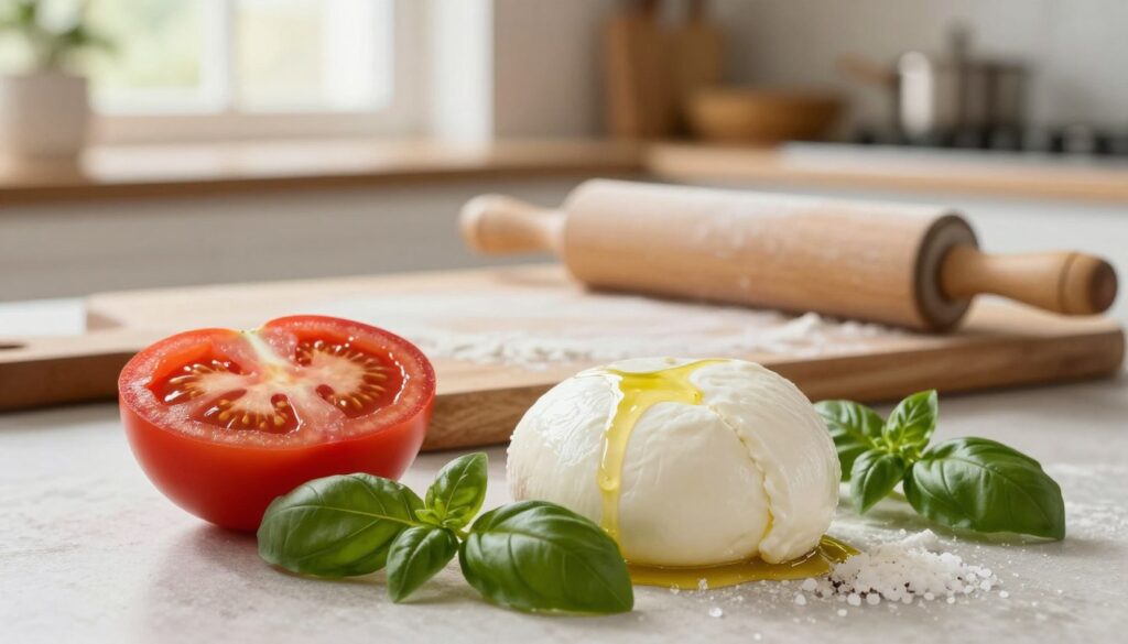 A beautifully arranged selection of fresh ingredients for a Margherita pizza. In the foreground, a vibrant red ripe tomato sliced in half, showcasing its juicy interior. Beside it, a ball of creamy mozzarella cheese, glistening with a hint of olive oil. Fresh basil leaves gently wilted next to a sprinkle of coarse sea salt, adding a touch of rustic charm. In the middle ground, a wooden cutting board adorned with a handful of flour and a rolling pin, suggesting the dough preparation process. The background features a softly blurred Italian kitchen, illuminated by warm, natural light streaming through a window, creating a welcoming and inviting atmosphere. The overall mood is fresh, wholesome, and culinary-focused, perfect for illustrating the essentials of a classic pizza Margherita.