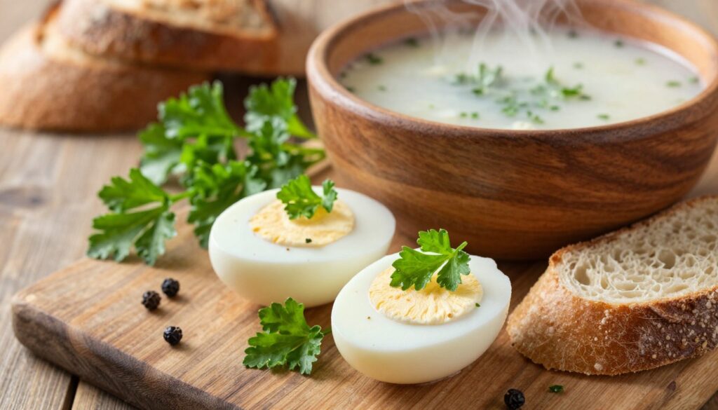 A beautifully arranged serving of "jajka pietruszki" placed elegantly on a rustic wooden table. In the foreground, showcase two perfectly boiled eggs garnished with fresh parsley, their vibrant green contrasting with the creamy white of the eggs. Set beside the eggs is a slice of artisanal bread, crusty and golden. In the middle ground, sprinkle some additional parsley and a few whole black peppercorns for texture. The background features a softly blurred image of a traditional Polish wooden serving bowl filled with aromatic white borscht, steam gently rising in the warm light. Use warm, natural lighting to create a cozy, inviting atmosphere, evoking a sense of home and comfort. The angle should capture the scene from a slightly elevated perspective, focusing on the textures and colors of the food.