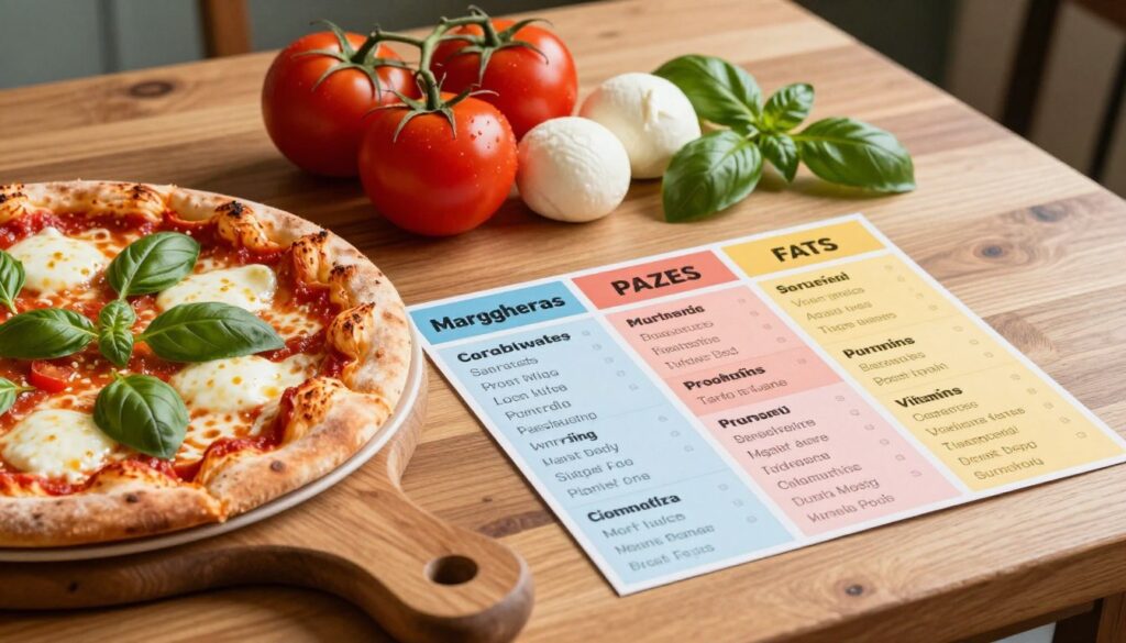 A beautifully arranged table showcasing the nutritional values of Margherita pizza. In the foreground, there is a slice of Margherita pizza with melted mozzarella, fresh basil, and vibrant tomato sauce, resting on a wooden cutting board. Beside it, colorful, labeled nutrient cards highlight macronutrients like carbohydrates, fats, proteins, and micronutrients such as vitamins and minerals. In the middle background, there are fresh ingredients like ripe tomatoes, mozzarella balls, and basil leaves artfully arranged. The lighting is warm and inviting, creating a cozy atmosphere, with soft shadows that add depth. The angle is slightly above the table, providing a clear view of the pizza and its nutritional components, making it both informative and visually appealing.