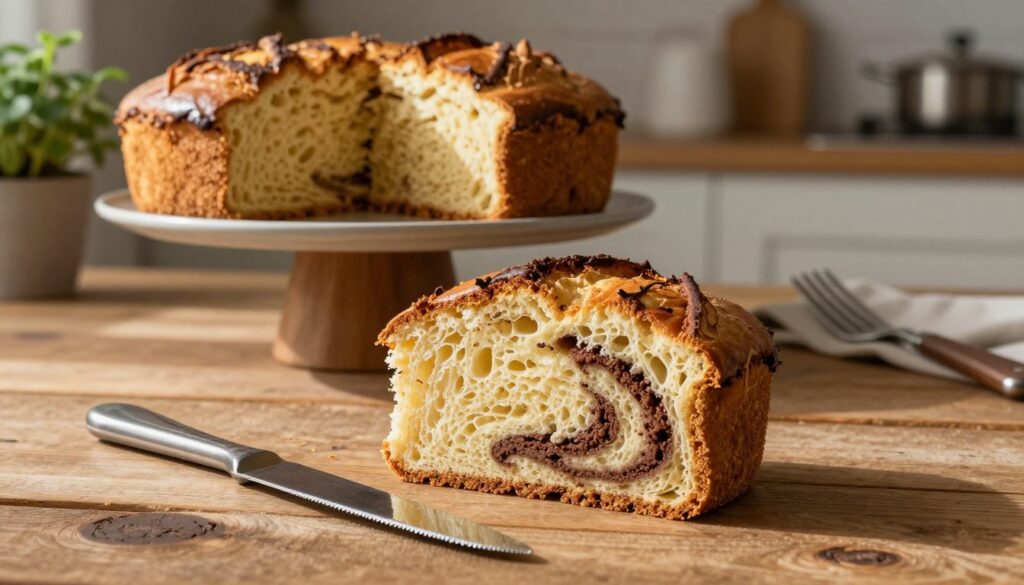A beautifully baked slice of babka piaskowa, showcasing its golden, fluffy interior with a delicate, rich texture. The scene is set on a rustic wooden table, with the warm glow of soft, natural lighting illuminating the bread, casting gentle shadows. In the foreground, a serrated knife elegantly rests beside the slice, partially revealing its swirled cocoa filling. The middle ground features a classic cake stand displaying the whole loaf of babka, its crust slightly glistening. In the background, there are subtle kitchen elements like a potted herb and baking utensils to suggest a homely atmosphere. The overall mood is inviting and cozy, celebrating the essence of homemade baking and its moist, fluffy qualities.