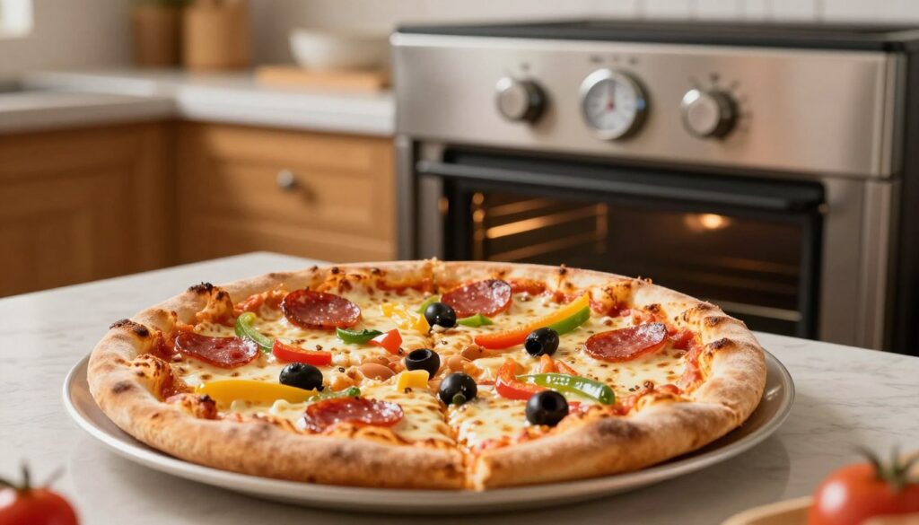 A beautifully cooked pizza from Dr. Oetker, freshly baked with a perfectly golden, crispy crust, is the focal point of the image. In the foreground, the pizza is cut into slices, revealing melting cheese and vibrant toppings like bell peppers, olives, and pepperoni. The middle ground features an oven with a rolling timer, set at the right baking temperature, softly glowing as it cooks the pizza to perfection. In the background, a cozy kitchen setting with warm wooden cabinets and soft, diffused lighting enhances the inviting atmosphere. The scene conveys a sense of home-cooked comfort and culinary delight, encouraging viewers to savor the moment of enjoying a well-baked pizza.
