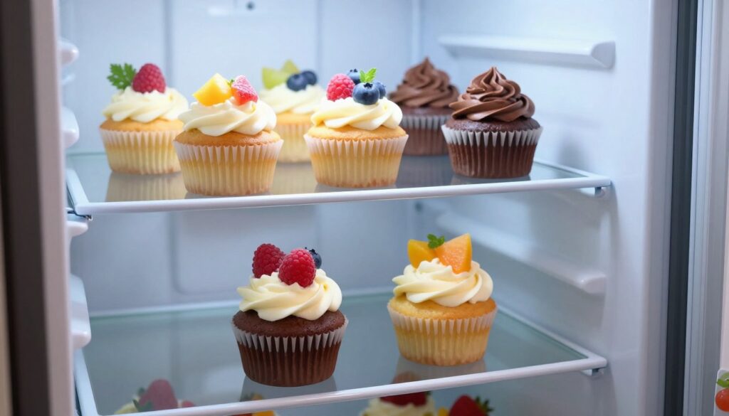 A beautifully organized interior of a refrigerator showcasing a variety of freshly baked cupcakes with creamy frosting and colorful fruits on top. In the foreground, there are two enticing cupcakes placed elegantly on a clear glass shelf, strategically positioned to capture the soft, ambient lighting filtering in. The middle layer features a grid-like display, with various cupcakes arranged neatly on the shelves, some adorned with raspberries and blueberries, while others are topped with swirls of rich chocolate frosting. The background reveals the refrigerated environment, highlighting the cool, bluish tones, with the glass door slightly ajar, inviting viewers into the scene. The overall mood is fresh, inviting, and deliciously appealing, emphasizing the importance of proper storage for maintaining cupcake freshness.